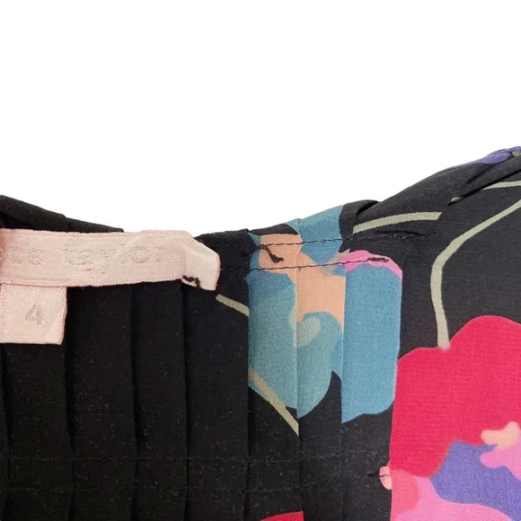 Rebecca Taylor Silk Black Floral Smocked Pleated Blouse Top 4 - Picture 4 of 8